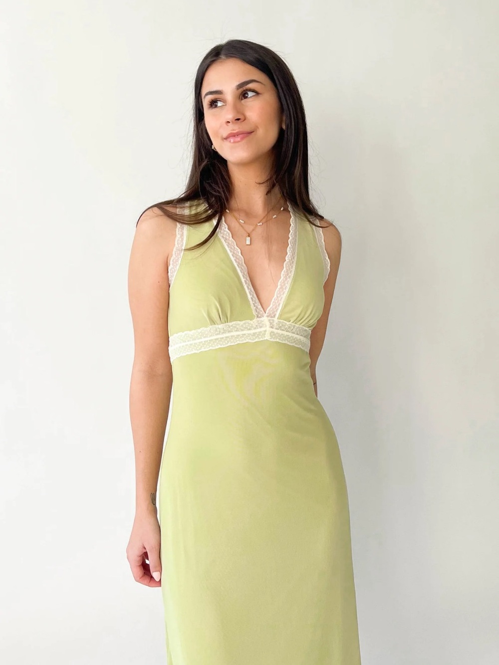 Le Lis Light Cora Green Lace-Trim Maxi Slip Dress